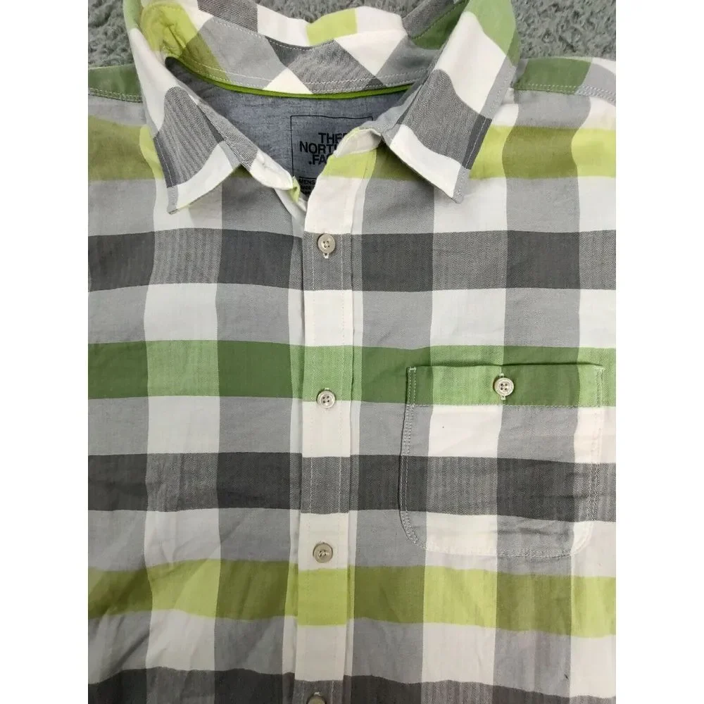 The North‎ Face Men's Shirt XL Gray Yellow Plaid Short Sleeve Button Up Outdoor
